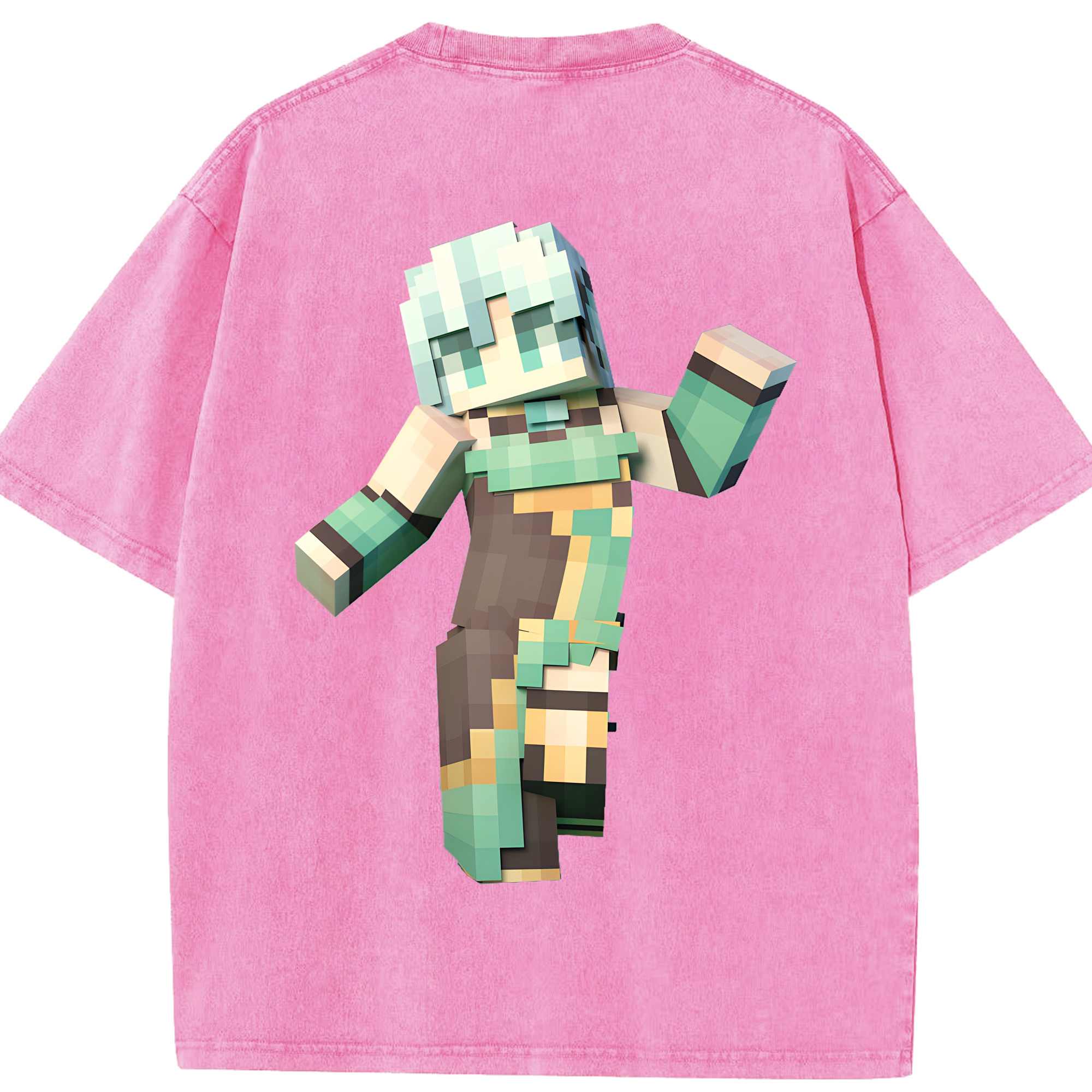 （画像用） マインクラフト ブロックの世界 Minecraft MC Block world 綿100% ヴィンテージ風 半袖Tシャツ（背面プリント）
